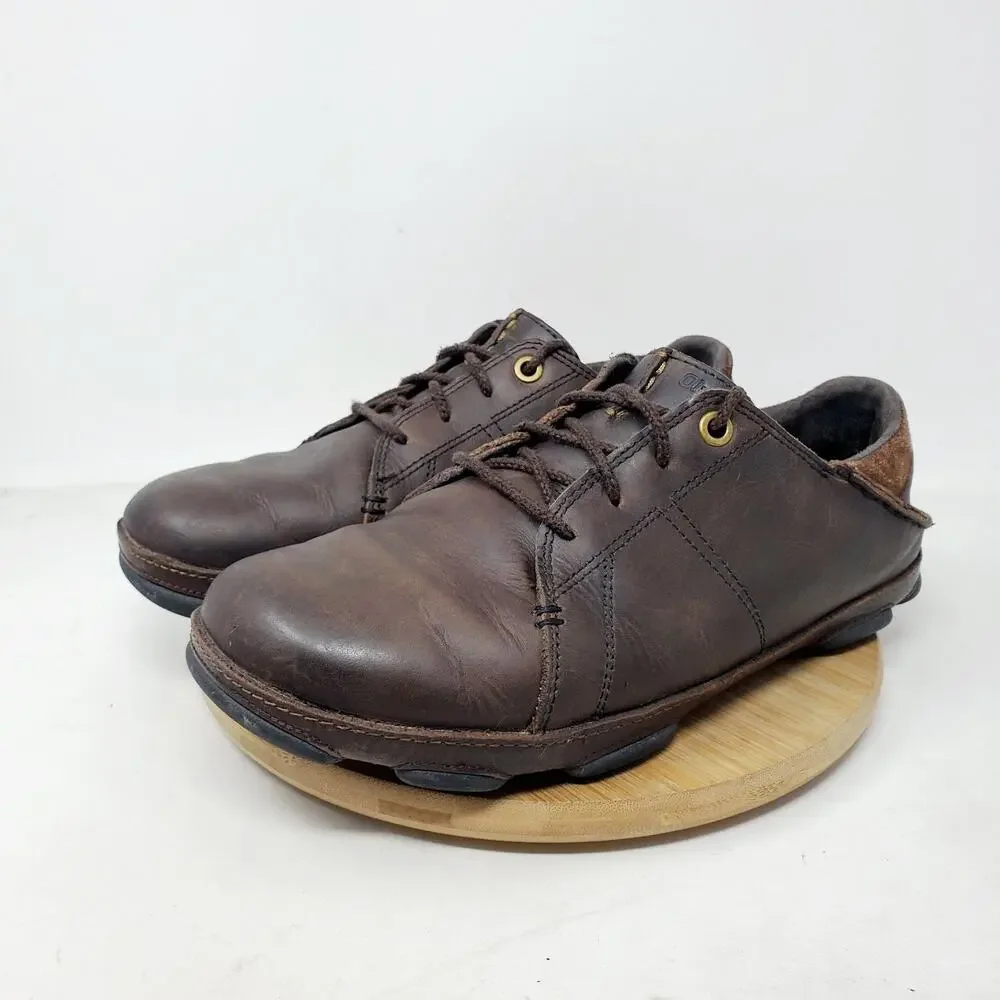 Olukai Hano Shoe Men 8.5 Brown Leather Oxford Slip On‎ Fold Down Heel WORN